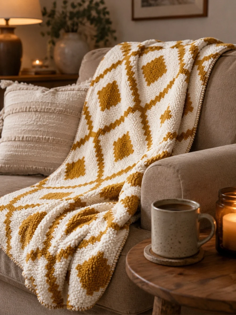 Artemis Velveteen Berber Throw Blanket Mustard Ivory Geometric 50x60 Cozy‎